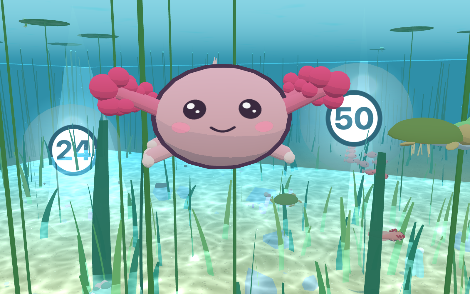 Schermafbeelding van het spel Tafels leren met de axolotl: een roze axolotl zwemt in een blauw meer tussen bubbels met getallen erin.
